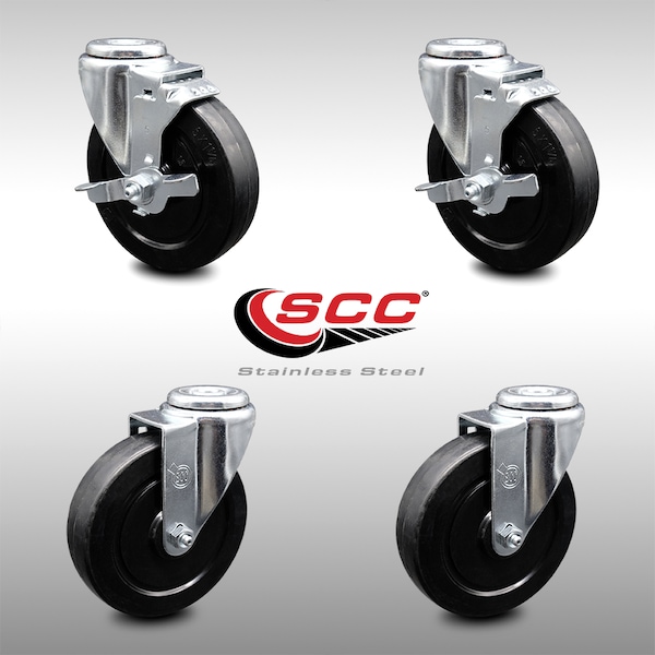 5 Inch SS Soft Rubber Wheel Swivel Bolt Hole Caster Set with 2 Brake SCC